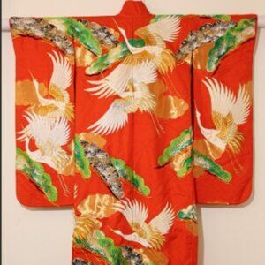 Vintage Traditional Uchika Kimono Elegant Japanese Crane Print Wall Art Dress